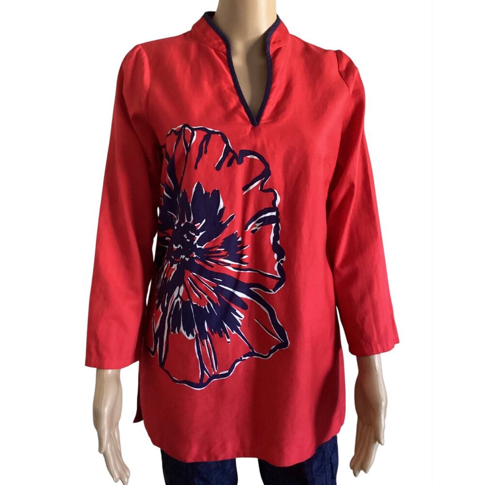 Lilly Pulitzer Ciara Tunic Top Coral Red Blue Big Floral Split Neck 3/4 Sleeve S